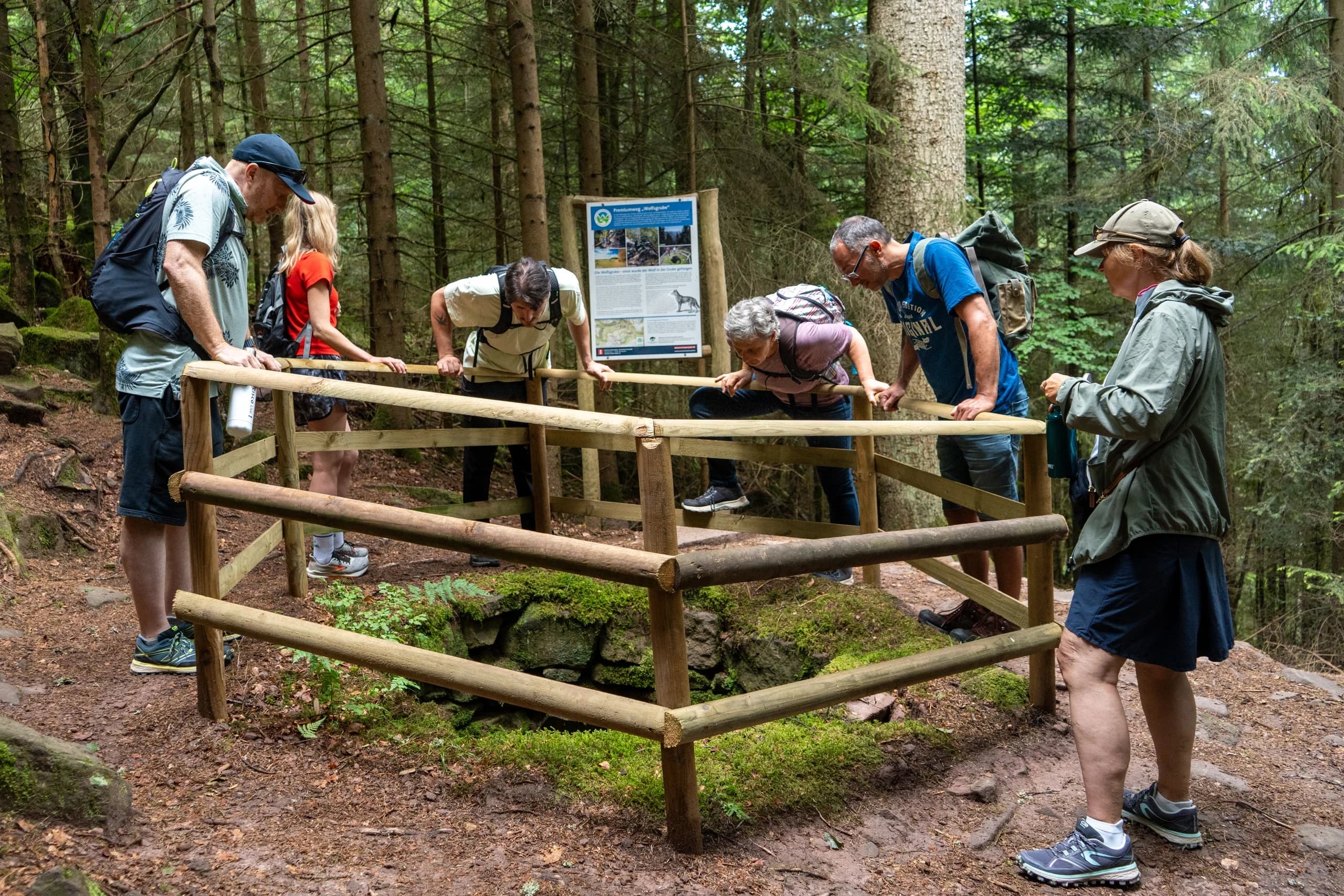 Fastengruppe an einer Holzeinfriedung mit Infotafel im Schwarzwald